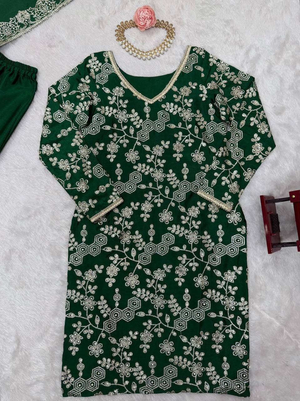 Agnija green Chinon silk sharara suit set for women, featuring thread and sequin embroidery on kurti and dupatta, stitched sharara pants with soft micro lining – perfect festive and wedding ethnic outfit for 2025.